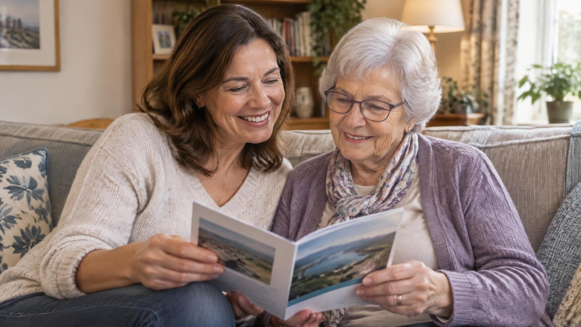 Adult child talking with an older parent at home