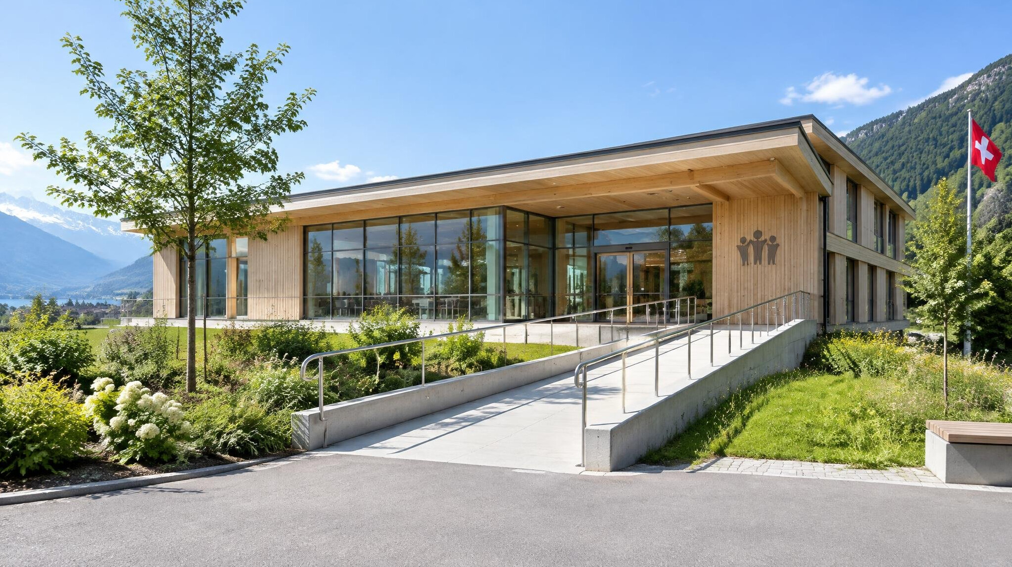 Modern community center building exterior in Switzerland