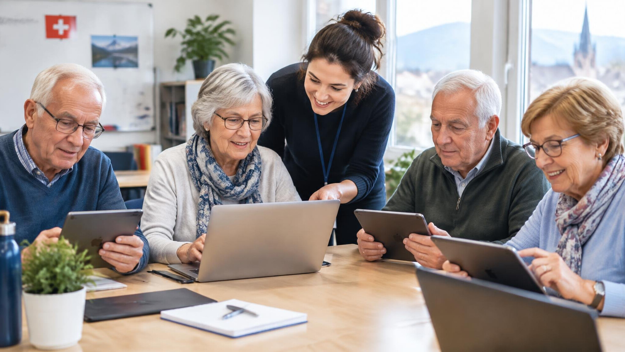 Older adults learning to use tablets and laptops together