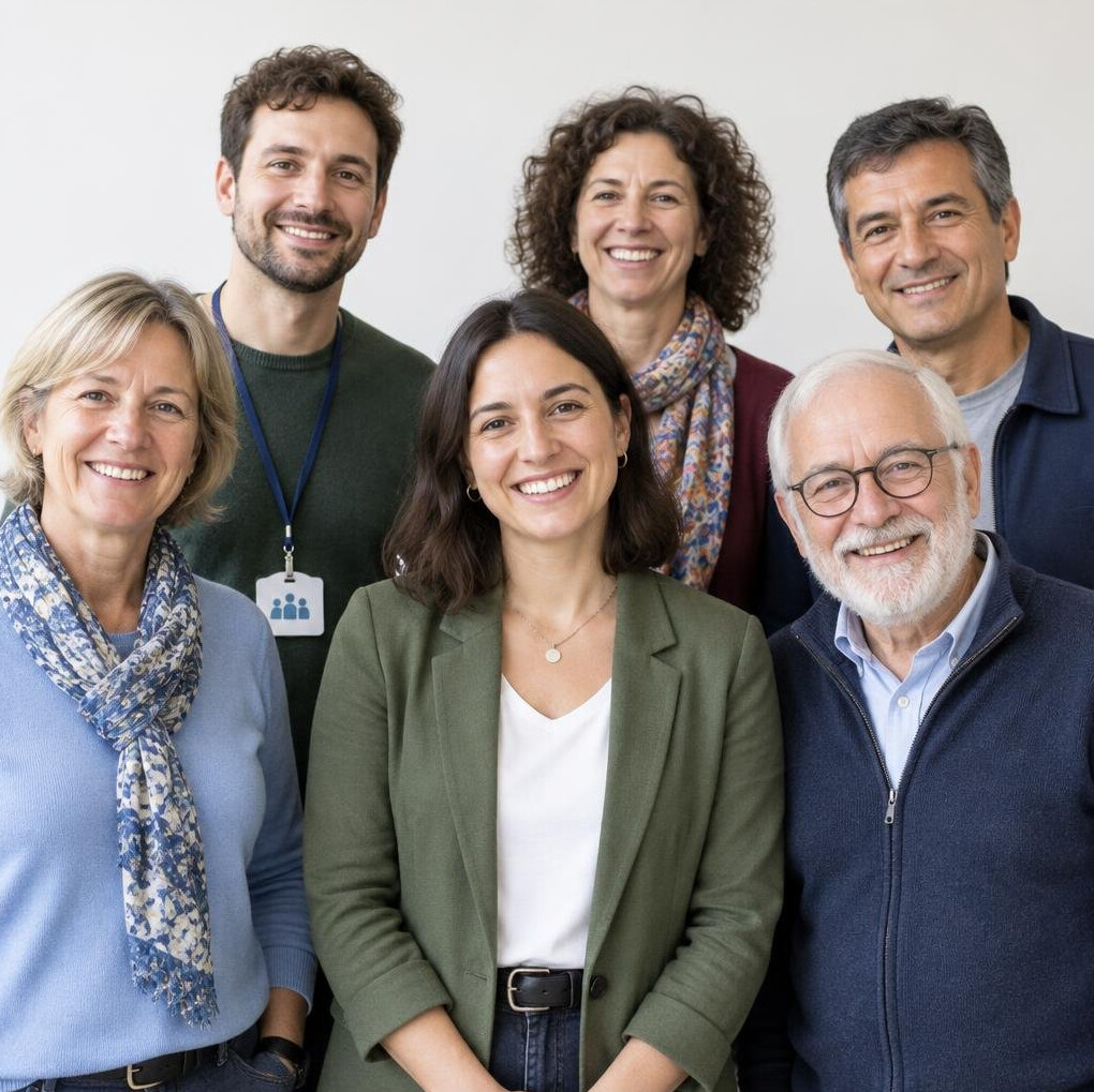 Diverse team of staff and volunteers standing together smiling